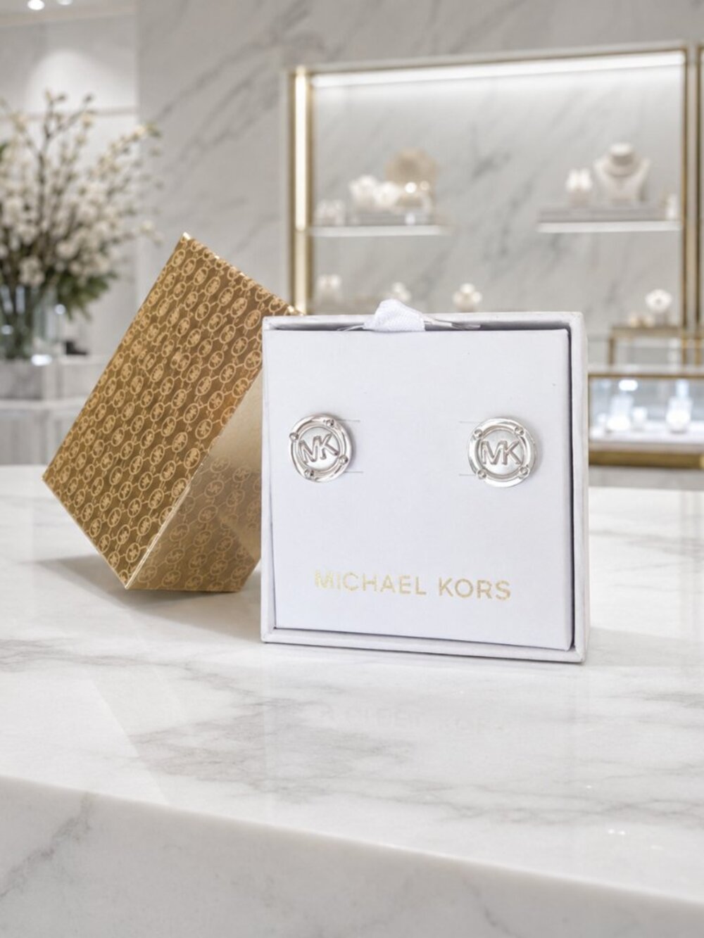 Michael Kors MK Logo Disk Stud Earrings Silver Tone 14mm Authentic NWT